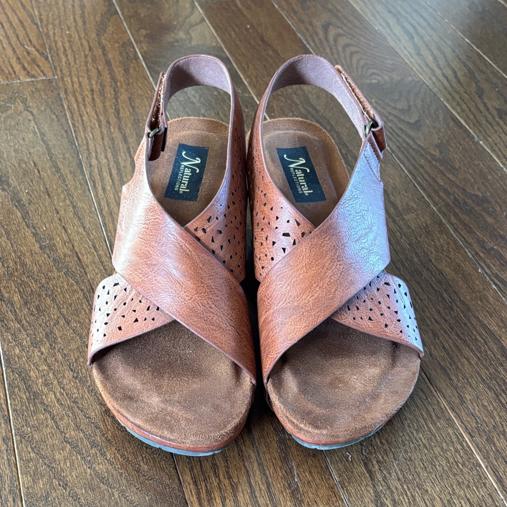 Natural Reflections tan cross-strap wedge sandals